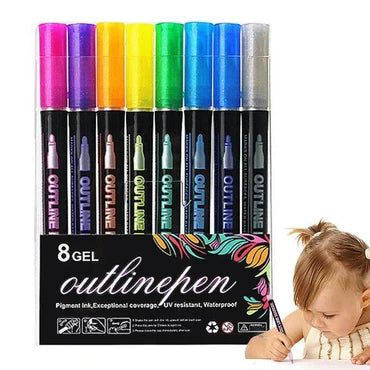 🖊️✨ Double Line Outline Pens – 8 Piece Set