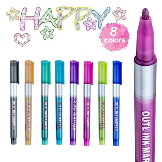 🖊️✨ Double Line Outline Pens – 8 Piece Set