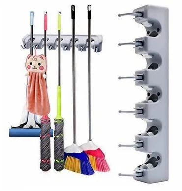 🧹✨ Wall-Mounted Broom Holder with Hooks