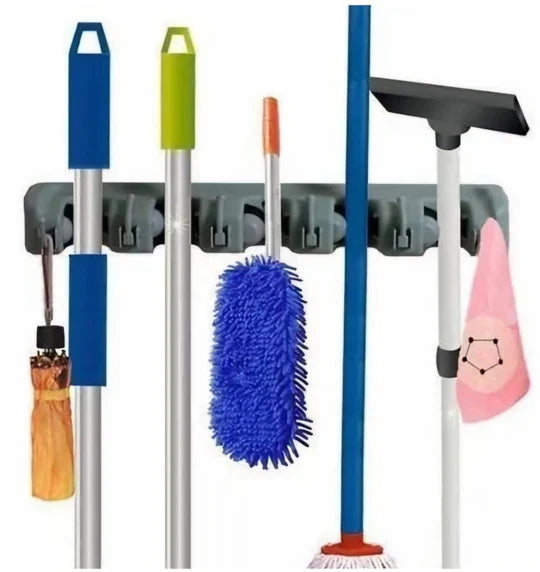 🧹✨ Wall-Mounted Broom Holder with Hooks