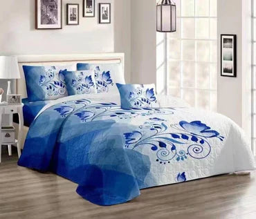 Blue and white floral bedding set.