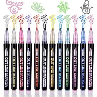 🖊️✨ Double Line Outline Pens – 12 Piece Set