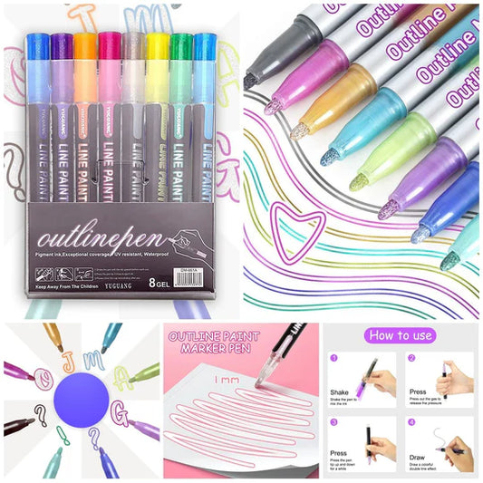 🖊️✨ Double Line Outline Pens – 8 Piece Set