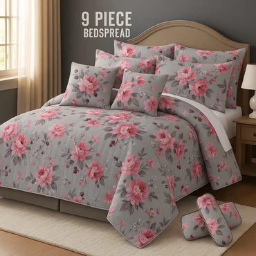 🌸 Flowered Bedspread Set – 9 Piece Luxury Collection