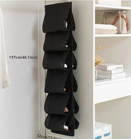 🖤 Pocket Shoe Organiser – Black (12-Shelf Hanging Design)