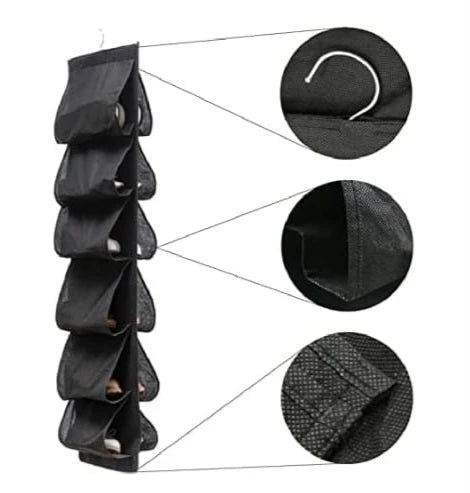 🖤 Pocket Shoe Organiser – Black (12-Shelf Hanging Design)